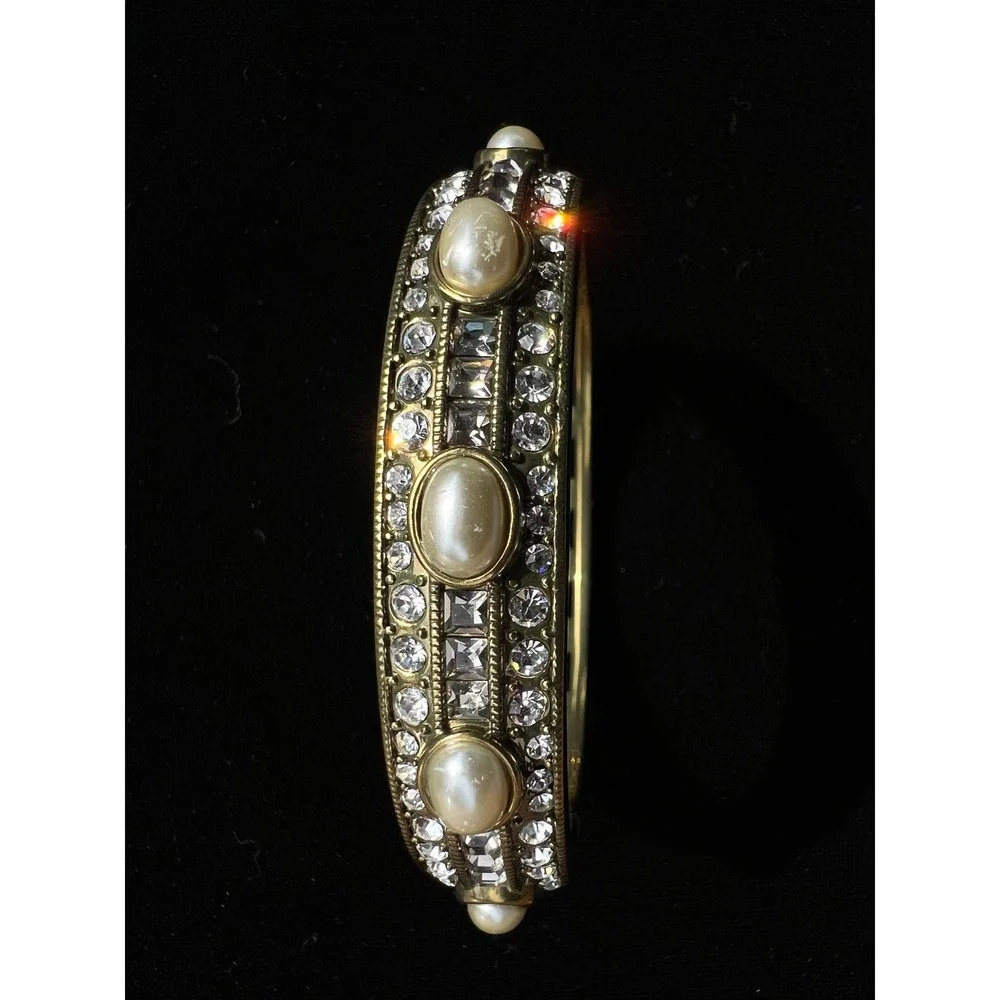 Heidi Daus Tantalizing Swarovski Crystal Faux Pearl Bronze Tone Hinged Bangle